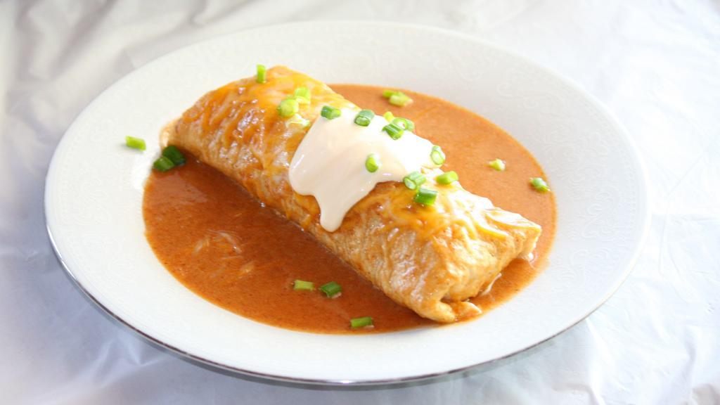 Wet Burrito · (Flour tortilla, rice, beans, choice of meat, salsa, cheese then topped with red sauce, melted cheese, sour cream & green onion).