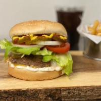 Classic Hamburger Meal · Classic patty, mayo, ketchup, mustard, lettuce, tomato, onion, & pickles on a sesame bun.