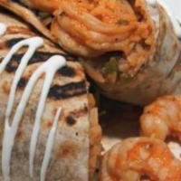 Camarones Burrito · Grilled shrimp, Mexican rice, pinto beans, pico de gallo, and salsa wrapped in a flour torti...
