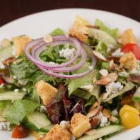 Verde · Mixed greens, cucumbers, tomatoes, onions, dry bleu cheese, roasted almonds, garlic croutons...