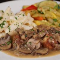 Chicken Rollatini · Prosciutto and mozzarella stuffed Chicken breast, marsala wine mushroom sauce, pasta, season...