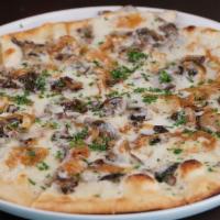 Pizza Bianca · Fontina cheese, caramelized onions, cremini mushrooms, alfredo sauce.