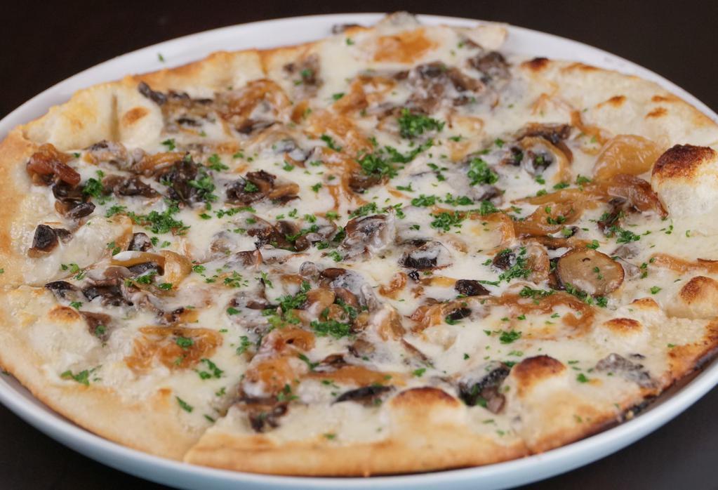 Pizza Bianca · Fontina cheese, caramelized onions, cremini mushrooms, alfredo sauce.