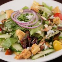 Insalata Verde 1/2 Tray · Mix greens, cucumbers, tomatoes, onions, dry bleu cheese, roasted almonds, garlic croutons, ...