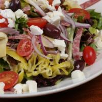 Italian Chopped Salad 1/2 Tray · Mozzarella, salami, pepperoncini, artichoke hearts, cannellini beans, kalamata olives, red o...