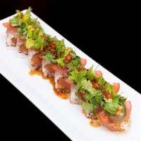 Jalapeno Special Roll · Thinly sliced jalapeno, small tomatoes, cilantro and albacore on top of a spicy tuna cr.