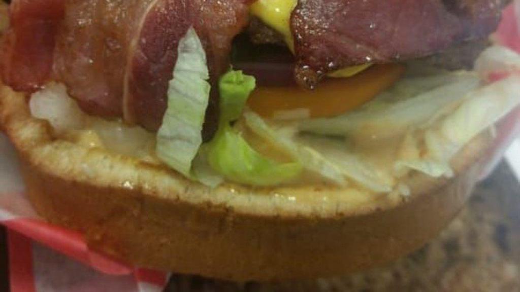 Bacon Burger · Fresh patties, bacon, thousand islands, pickles, lettuce, onion, tomatoes.