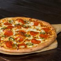 Three Topping Pizza · Pepperoni, Jalapeños, Pineapple, Pizza Sauce, Mozzarella cheese.