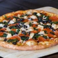 Combination Pizza · Spinach, Pepperoni, Chicken, Black Olives, Pizza Sauce, Mozzarella Cheese.
