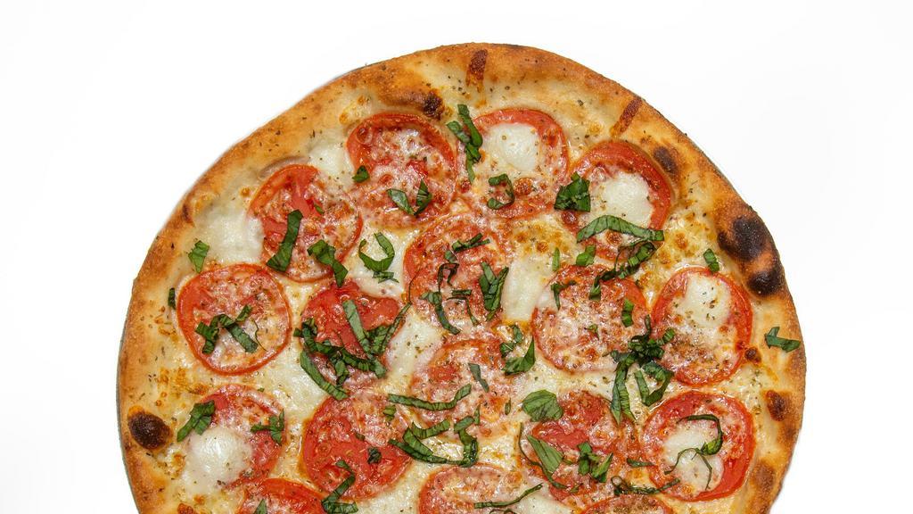 Margherita Pizza 16 Inch · Garlic olive oil, mozzarella, fresh mozzarella, provolone, tomatoes, and basil. 16