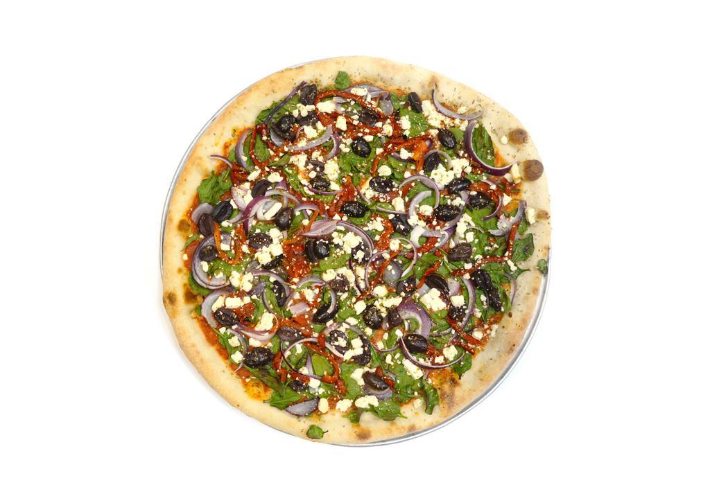 Greek Pizza 16 Inch · Tomato sauce, roasted red peppers, Kalamata olives, spinach, red onion, oregano, and feta. 16