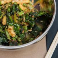 Wok Blistered Chinese Broccoli. · mushrooms, ssamjang, cripsy garlic