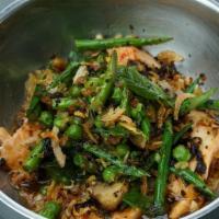 Smashed Salmon · black bean butter, wild mushrooms, seasonal veg, side of rice