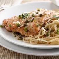 Chicken Picatta · 2pcs chicken cutlet, capers, garlic, white wine lemon sauce, parsley. spaghetti