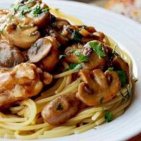 Chicken Marsala · 2pcs chicken cutlet, mushrooms, garlic, marsala wine sauce, parsley, spaghetti.