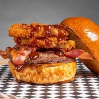 Bbq Bacon Burger · Toasted brioche bun with a fresh beef patty, BBQ, bacon and onion rings with a choice of fri...