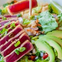 Seared Ahi · Comes with two scoops white rice and your choice of one side.