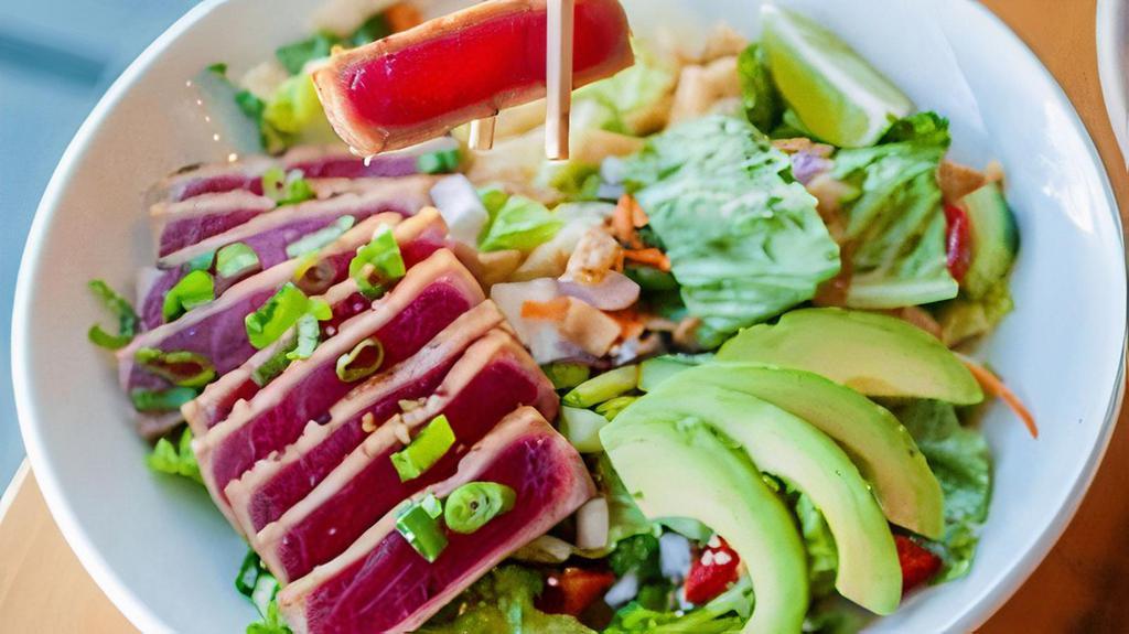 Seared Ahi · Comes with two scoops white rice and your choice of one side.