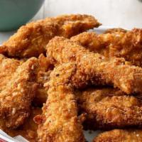 Chicken Strips · Four strips tossed in BBQ, buffalo sauce, or dry served with fries.