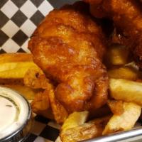 Fish & Chips 2 Piece · Pacific cod in our house made beer batter, served with chips.
