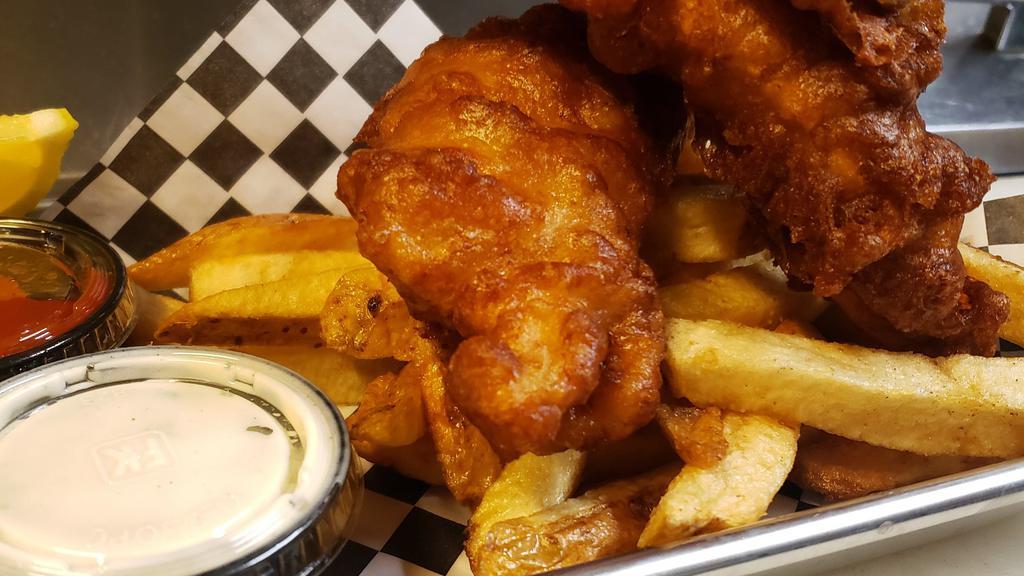 Fish & Chips 2 Piece · Pacific cod in our house made beer batter, served with chips.