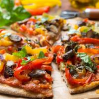Vegan Pizza With Cauliflower Crust · Mouthwatering Vegan Pizza topped with Vegan cheese, Green Bell Peppers, Mushrooms, Onions, a...