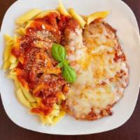 Chicken Parmesan Pasta · Fried Chicken Breast served with Marinara Sauce over penne pasta with Parmesan Cheese