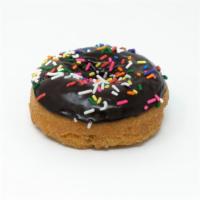 Rites Of Sprinkles (Chocolate Glaze) · A vanilla cake donut with chocolate glaze and rainbow sprinkles.