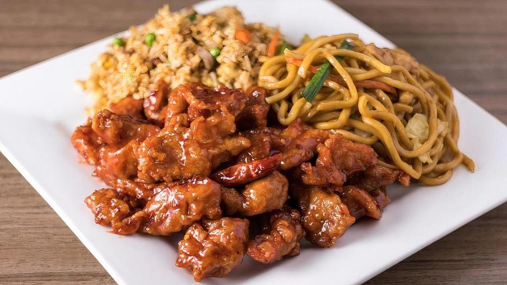 General Chicken Combo · Includes 2 potstickers and choice of 2 sides.