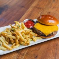 Cheeseburger · Served with a side of fruit or french fries, and beverage.