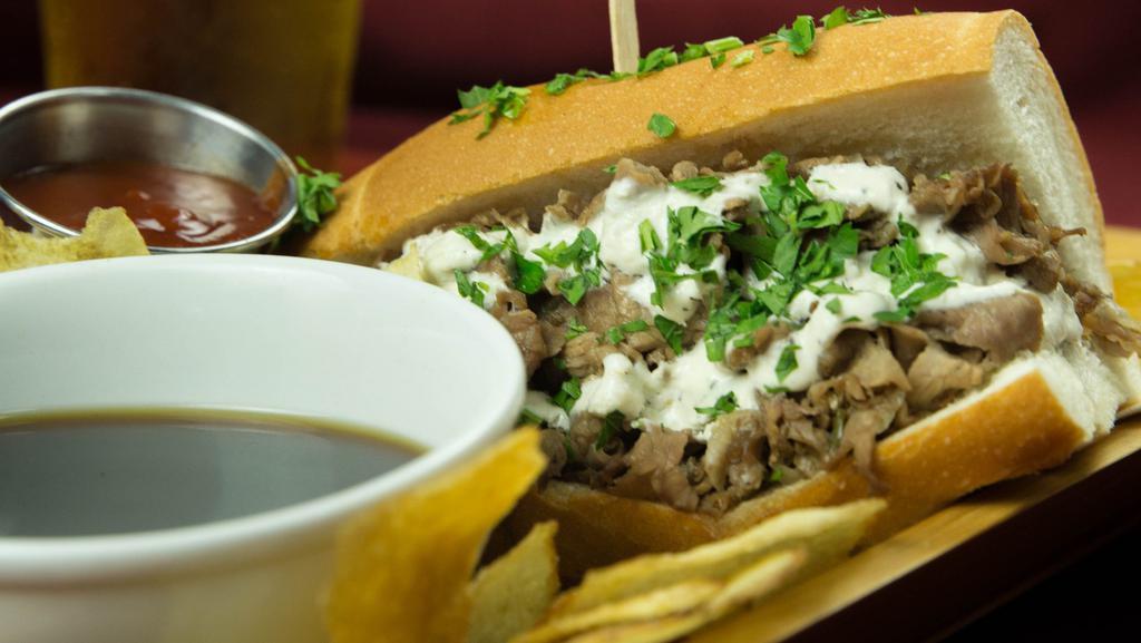Prime Rib French Dip · Thinly sliced prime rib sandwich topped with Swiss cheese & creamy horseradish. Served on Dutch crunch with a side of hot au jus.

* Substitutions & add-ons in the special instructions will not be noted