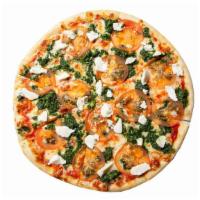 Intergalactic Chicken Pesto Pizza · Chicken and pesto pizza with onions and tomatoes