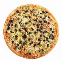 Galactic Veggie Pizza · mozzarella, fresh tomato, green peppers, black olives onions and mushrooms