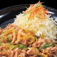 Sutamina Set · Garlic pork with rice and miso soup.