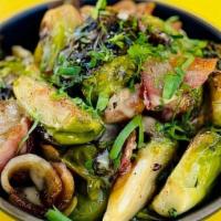 Roasted Brussels Sprouts · bacon, bacon fat thyme vinaigrette