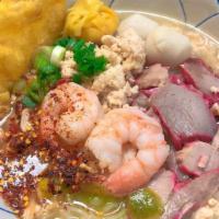Pao Pak Tom Yum Noodle · Sour, sweet and spicy of hot boiling small rice noodle soup shrimp, ground chicken, bbq pork...