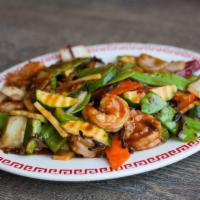 Shrimp In Hot Garlic Sauce · Shrimp, wood-ear mushroom, bamboo shoots, onion, carrot, snowpea