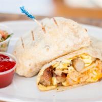 Sausage Burrito · Eggs, potatoes, and cheese with added sausage.
