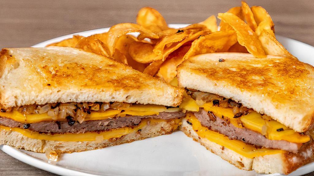 Patty Melt · toasted sourdough, grass fed beef or impossible patties, cheddar or vegan American, caramelized onions, pickles, mustard, pub chips