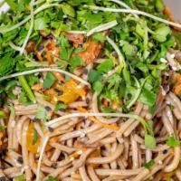 Soba Noodle Salad · Julienne carrots, half moon radish, sliced green onion, fried onion, daikon herb mix, tuxedo...