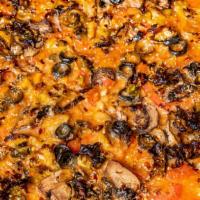 Veggie Supreme · tomato sauce, mozzarella, tomato, mushrooms, black olives, brussels sprouts, oregano, red pe...