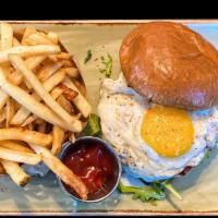 What Came First Turkey Burger · all-white-meat turkey burger, tomato jam, arugula, blue cheese dressing, sunny side up egg