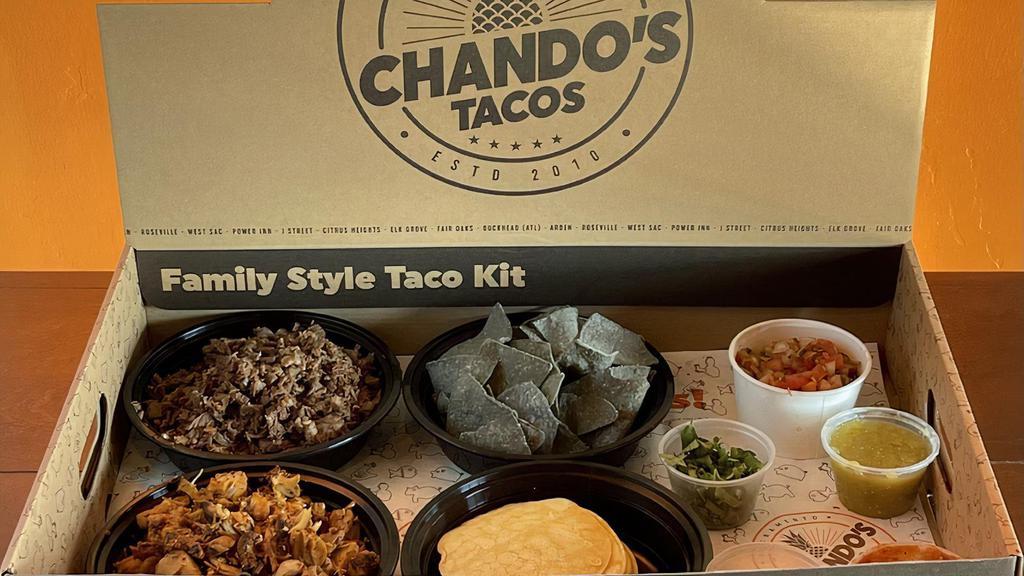 Family Style Taco Kit (4 Lb) · Feeds 10-12 people. Your choice of four pounds of Chando's signature meat (4 Meat Options), tortillas, chips and sides of pico, red salsa, green salsa, onion, and cilantro.