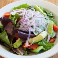 Green Salad · Mix greens, avocado, tomato, red onion, and onion dressing.