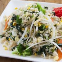 Vegetables Fried Rice · Bean sprouts, onions, corn, spinach, broccoli, carrots, bamboo and egg. Served with a small ...
