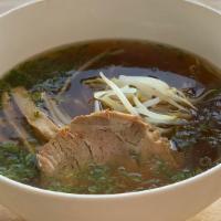 Soy(Shoyu) Ramen · Soy sauce soup, roasted pork, bean sprouts, bamboo shoots and green onion.