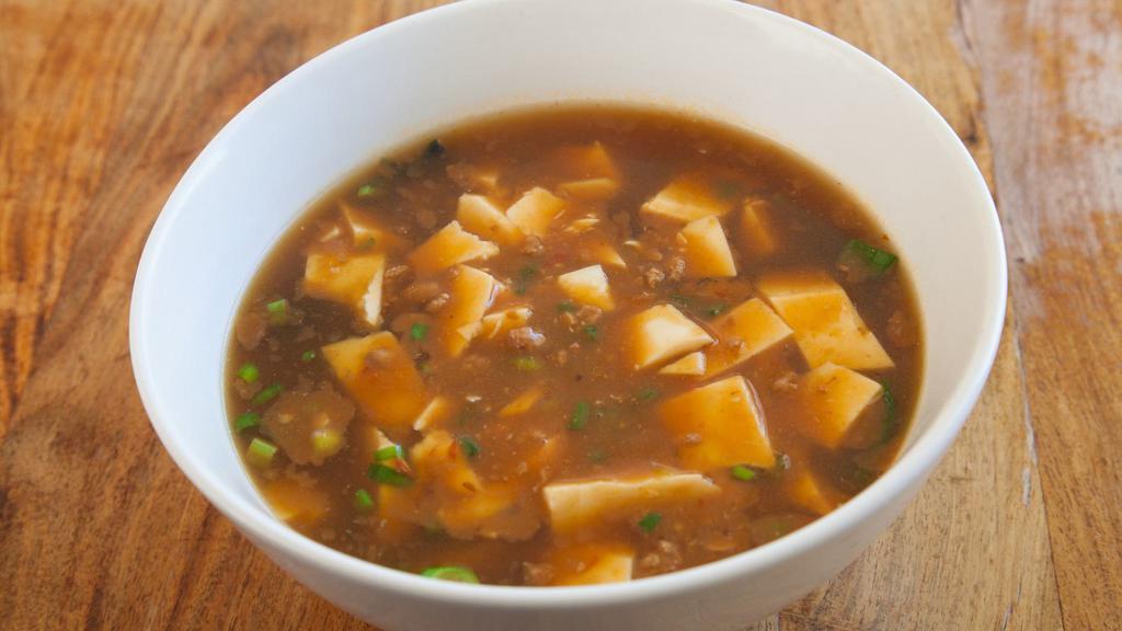 Mabo Ramen · Spicy. Light shoyu soup, tofu, ground pork and spicy bean sauce.