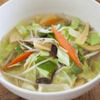 Veg Broth Miso Tan Men · Miso soup and stir fried assorted vegetables.