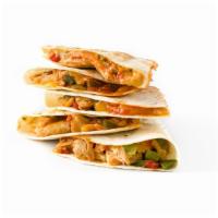 The World Famous Chicken Quesadilla · Tender, grilled chicken, grilled onions, sautéed bell peppers, Monterey jack, cheddar, asade...