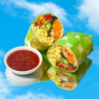 Veggie Breakfast Burrito · Eggs, fajita peppers and onions, hash browns, spinach, melted cheese, avocado.